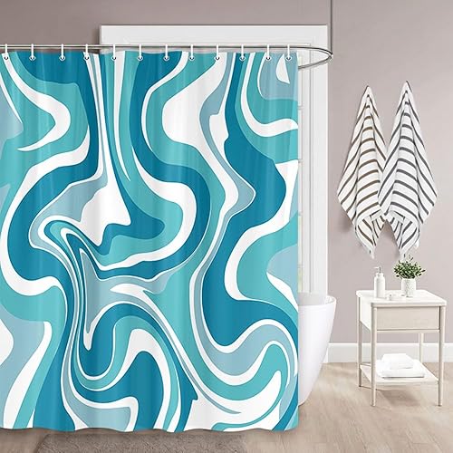 Miniatura 14 de Cortina de ducha estilo retro bohemio de los años 70 para decoración de baño, tela lavable, 72 x 72 pulgadas Azul