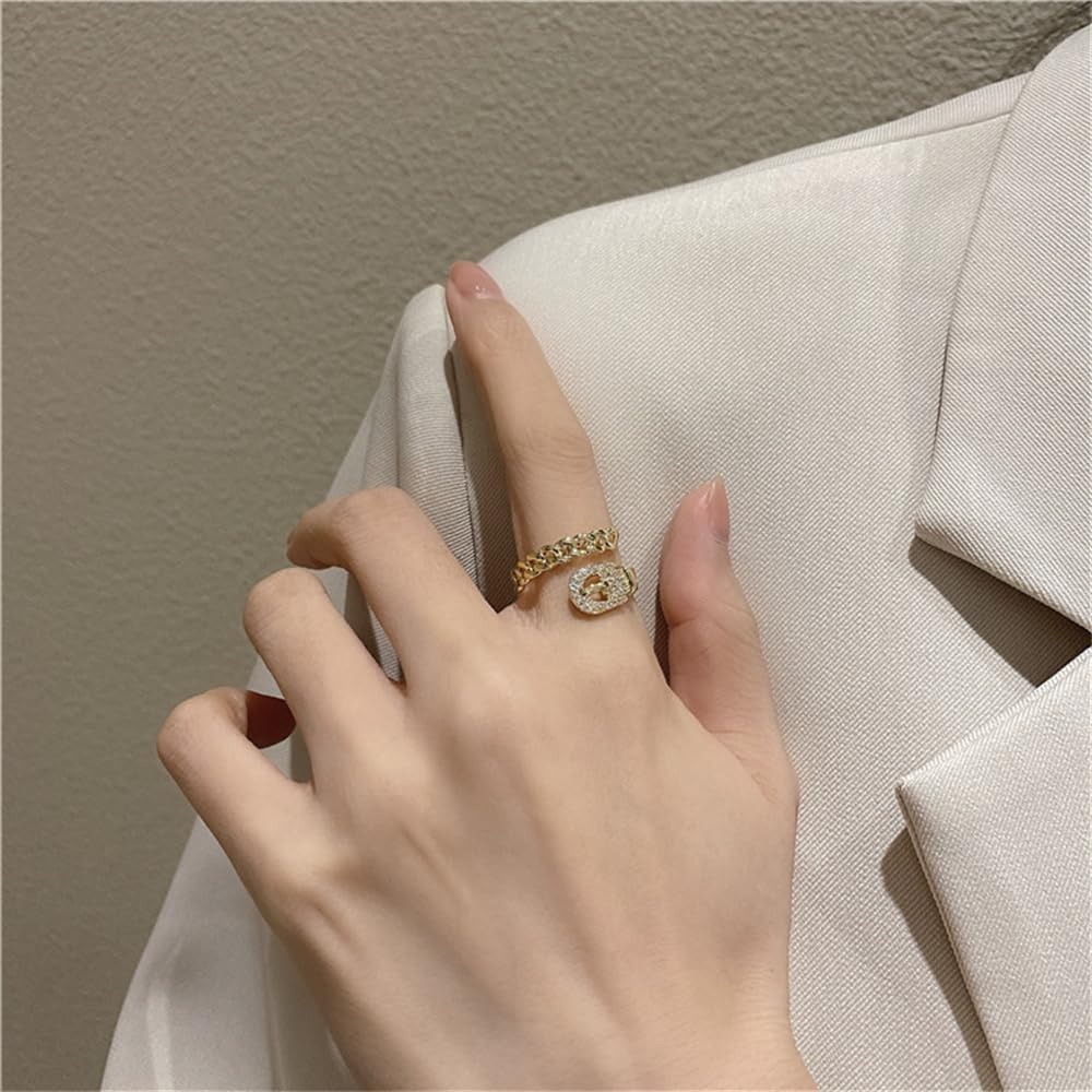 Cubic Zirconia Belt Open Ring for Women Unique Personalized Wrap Adjustable Gold-Tone Plated Statement CZ Crystal Wedding Stacking Middle Thumb Finger Band Cuban Chain Cocktail Party Comfort Fit - Image 3