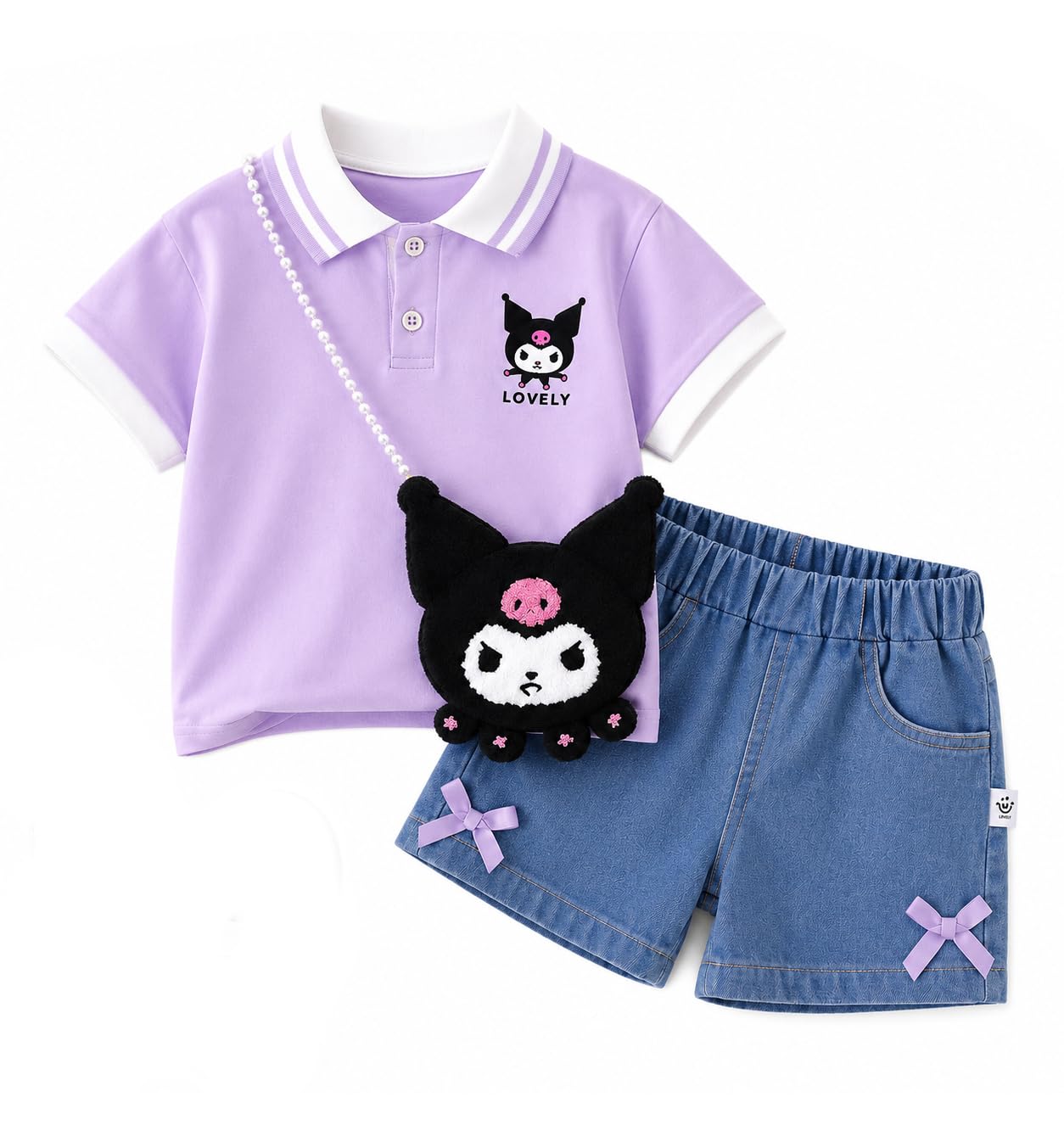 Girls Cartoon Polo T-Shirt and Denim Shorts with Faux Sling Bag for Infant Toddler Baby Girls Upto 4 Years-image-17