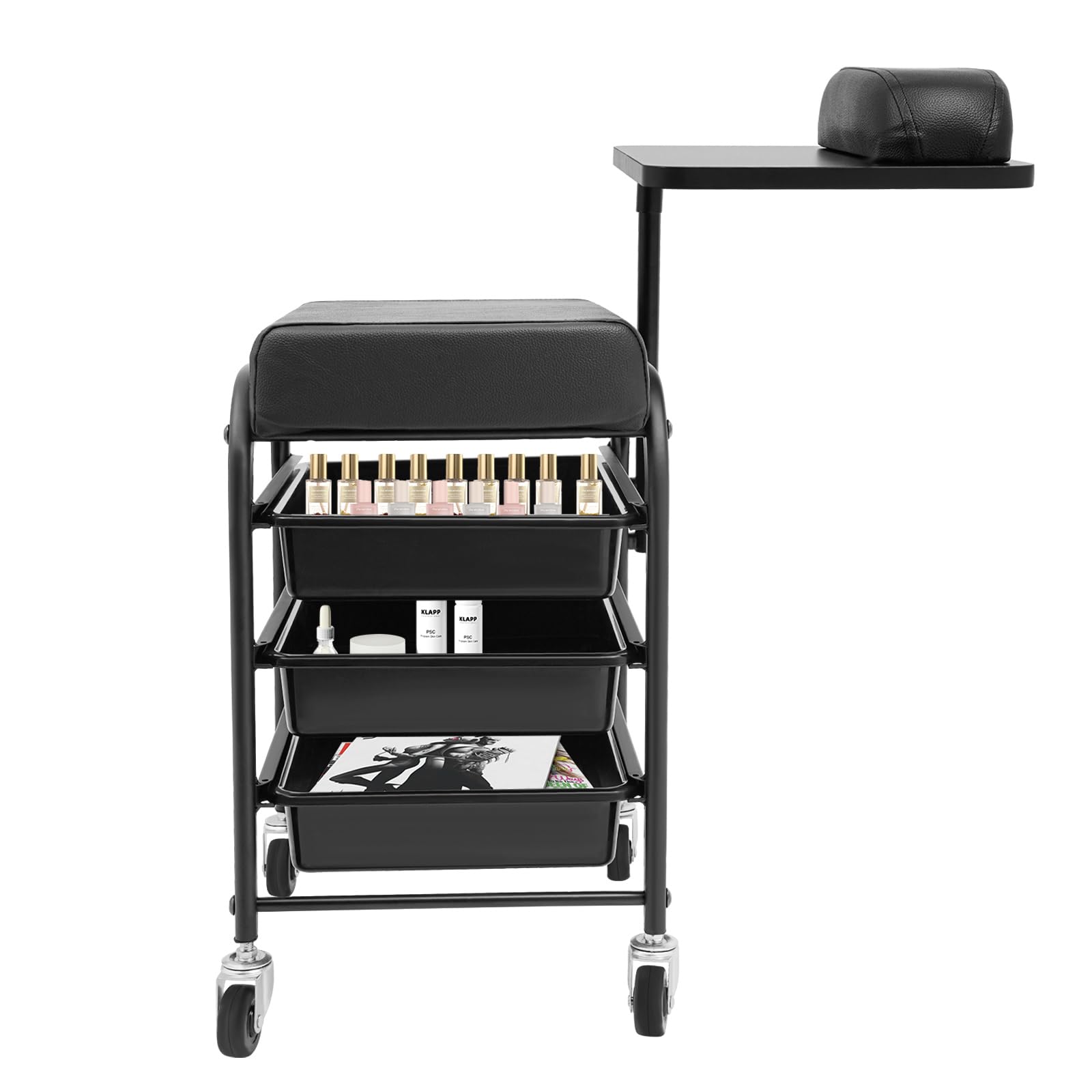 Hanmorfarbi Portable Trolley with Drawer,Beauty Trolley Manicure Nail Tool Trolley,Storage Rack Perm Dyeing Disposal Mobile Tool Trolley,Foot Bath Spa Portable Beautician Cart (Black)