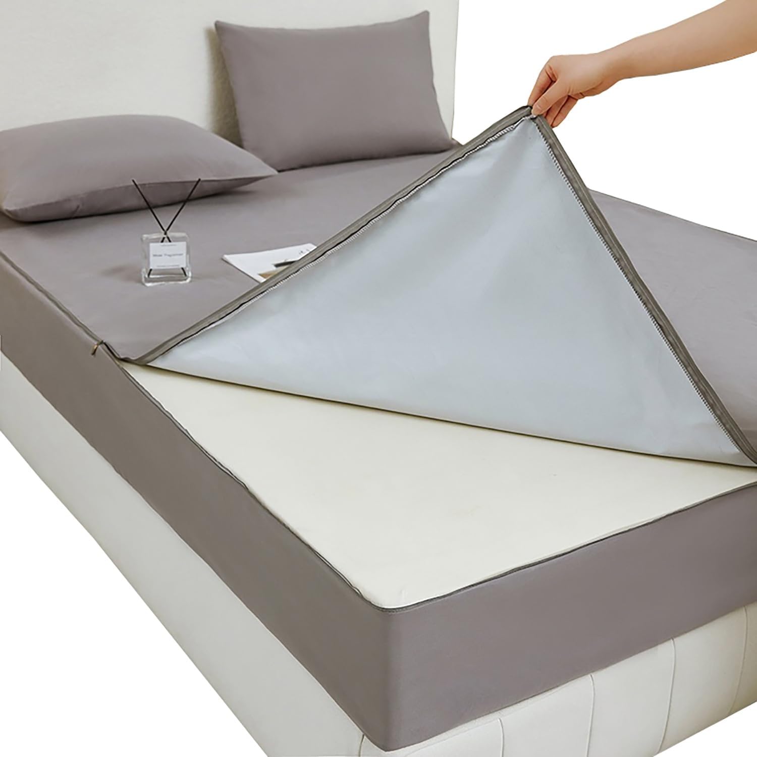 Waterproof Mattress Encasement, Extra Deep Matress Protector, Full 360° Secure Zip Cover, Machine Washable & Easy Care(Gray,200x210+15cm)