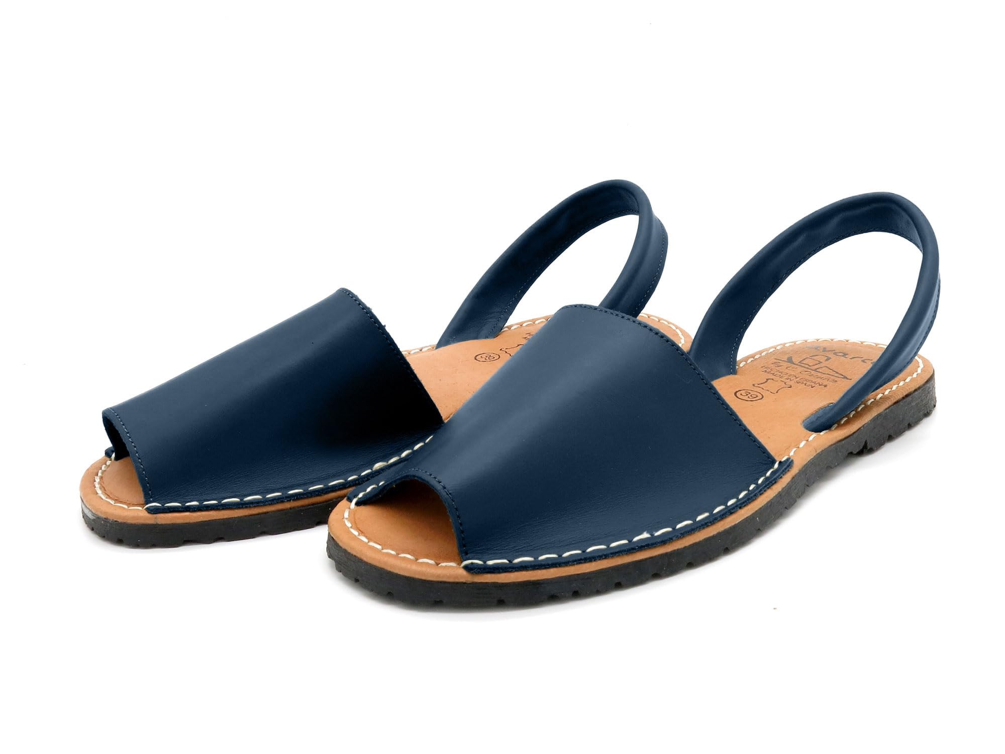 Avarca Damen Avarcas Sandalen aus Echtleder handgefertigt in Spanien gepolsterte Leder Decksohle & Fersenriemchen navy dunkel-blau 38