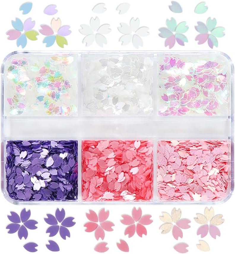6 Colors 3D Cherry Blossom Petals Holographic Nail Glitter Sequins for Nail Art Design DIY Acrylic Nail Supplies Decoration Charms Women