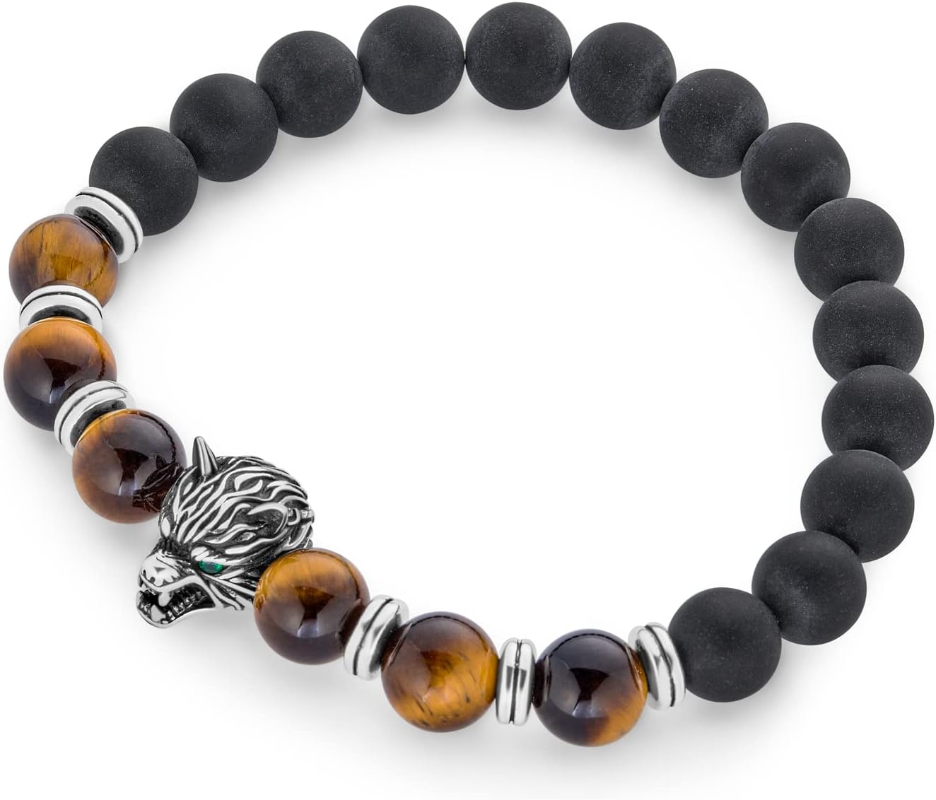 Bling Jewelry Set of Two Unisex Jungle Animal Gunmetal Black Onyx, Blue Lapis Lazuli and Brown Tiger Eye Round Bead Strand Stretch Fox Wolf Bracelet For Men Women Silver Plated Stackable Adjustable