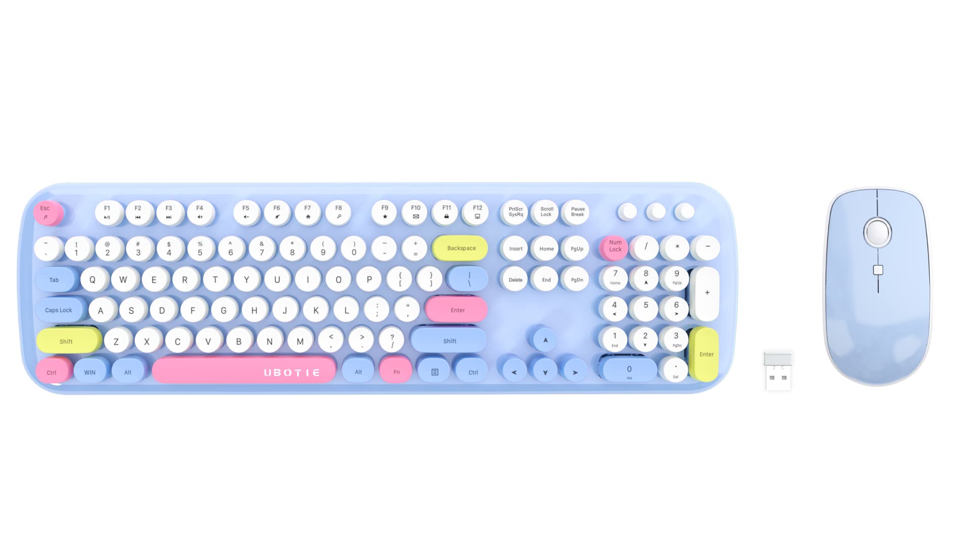 Colorful Wireless Computer Keyboards Mouse Combos, UBOTIE Polychrome Round Keycaps Retro PC Keyboards 2.4GHz Radio Frequency Connection with Optical Mouse(Blue-Colorful) - Blue-Colorful