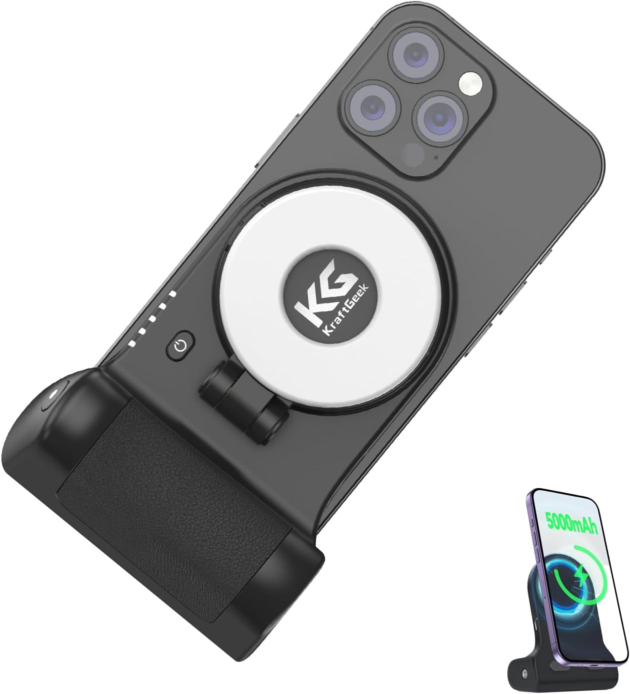 KraftGeek Phone Stand Camera Grip with Built-in Battery and Selfie Light for iPhone Magsafe