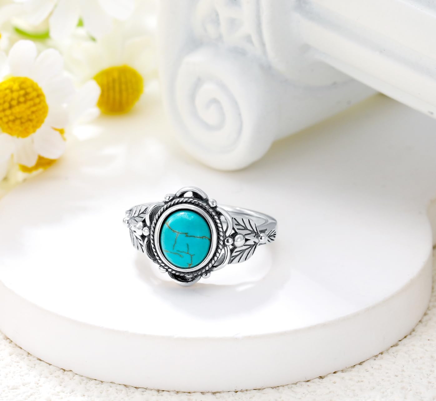 Genuine Boho 8x7 MM Turquoise Stone Ring, Sterling Silver Nature Native American Western Jewelry Gemstone Leaf Ring for Men Women - Image 7