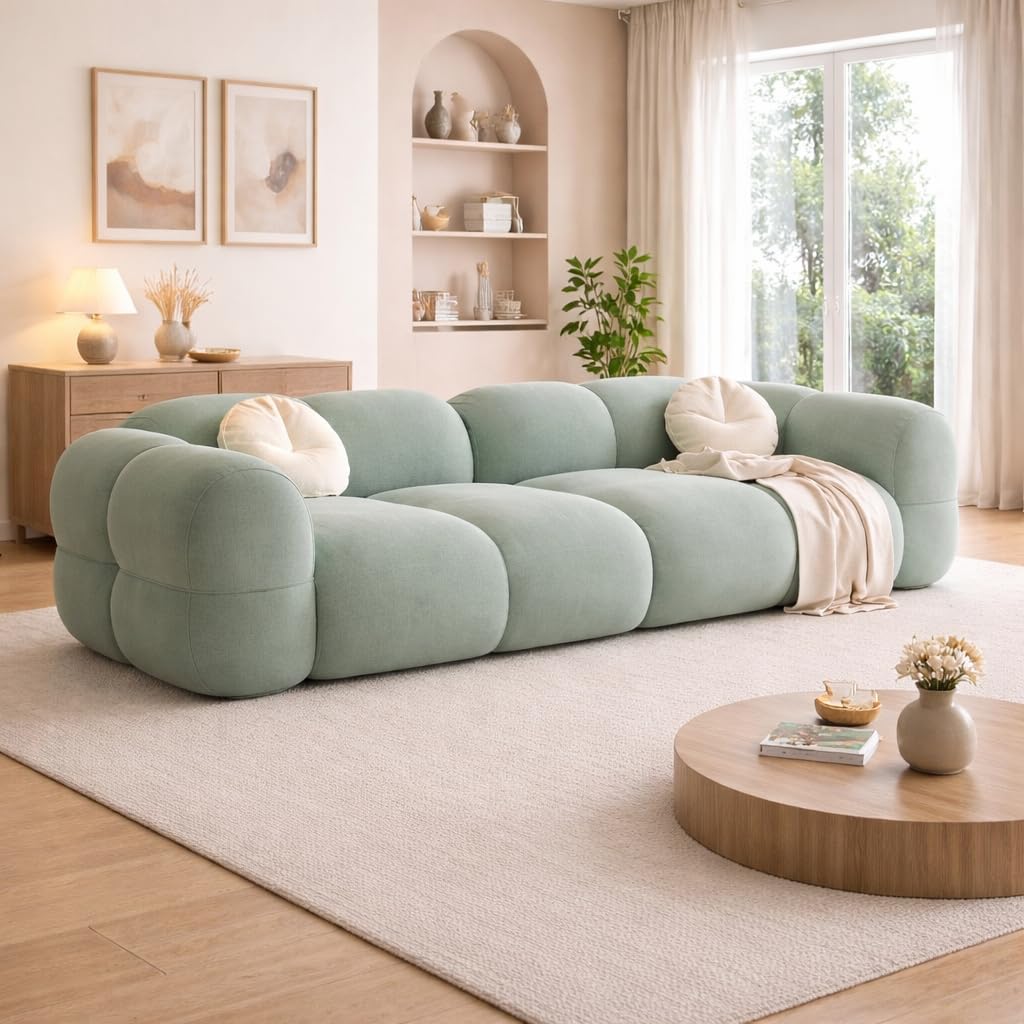 velvet cloud 3 seater sofa | luxury curved modular plush fabric couch for modern living room | soft tufted bubble sofa for home decor (teal)