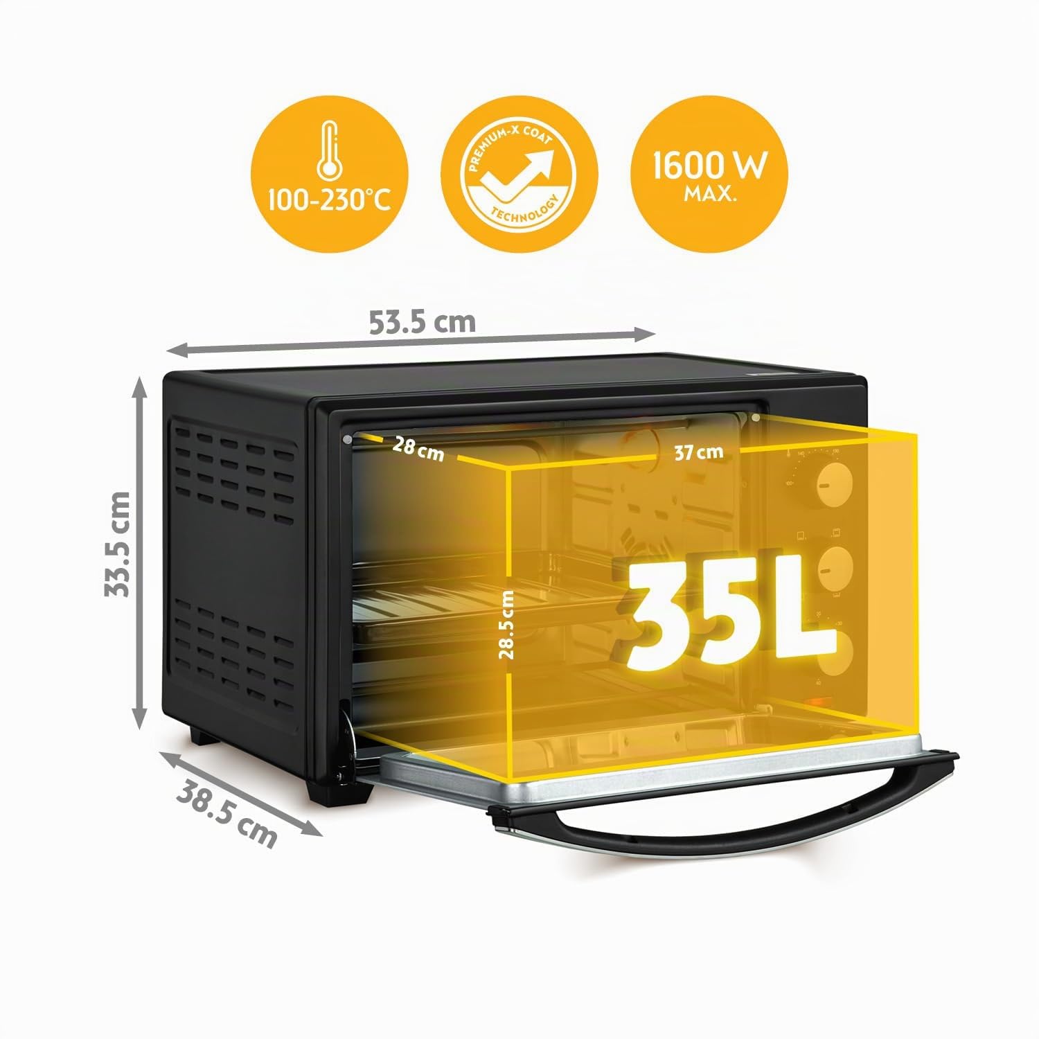 TZS First Austria - Mini-Four 35L 1600W - Four à pizza avec réglage de la température jusqu'à 230°C et revêtement antiadhésif - Avec minuteur de 60 min, 3 hauteurs d'insertion, plaque et grille