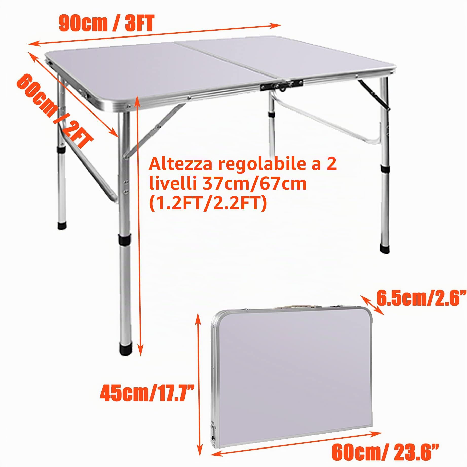 Tavolo pieghevole da picnic, 90 cm, in alluminio resistente, portatile, regolabile in altezza, leggero, per campeggio, con maniglia per il trasporto, per cucina, cena, catering, buffet e giardino (90