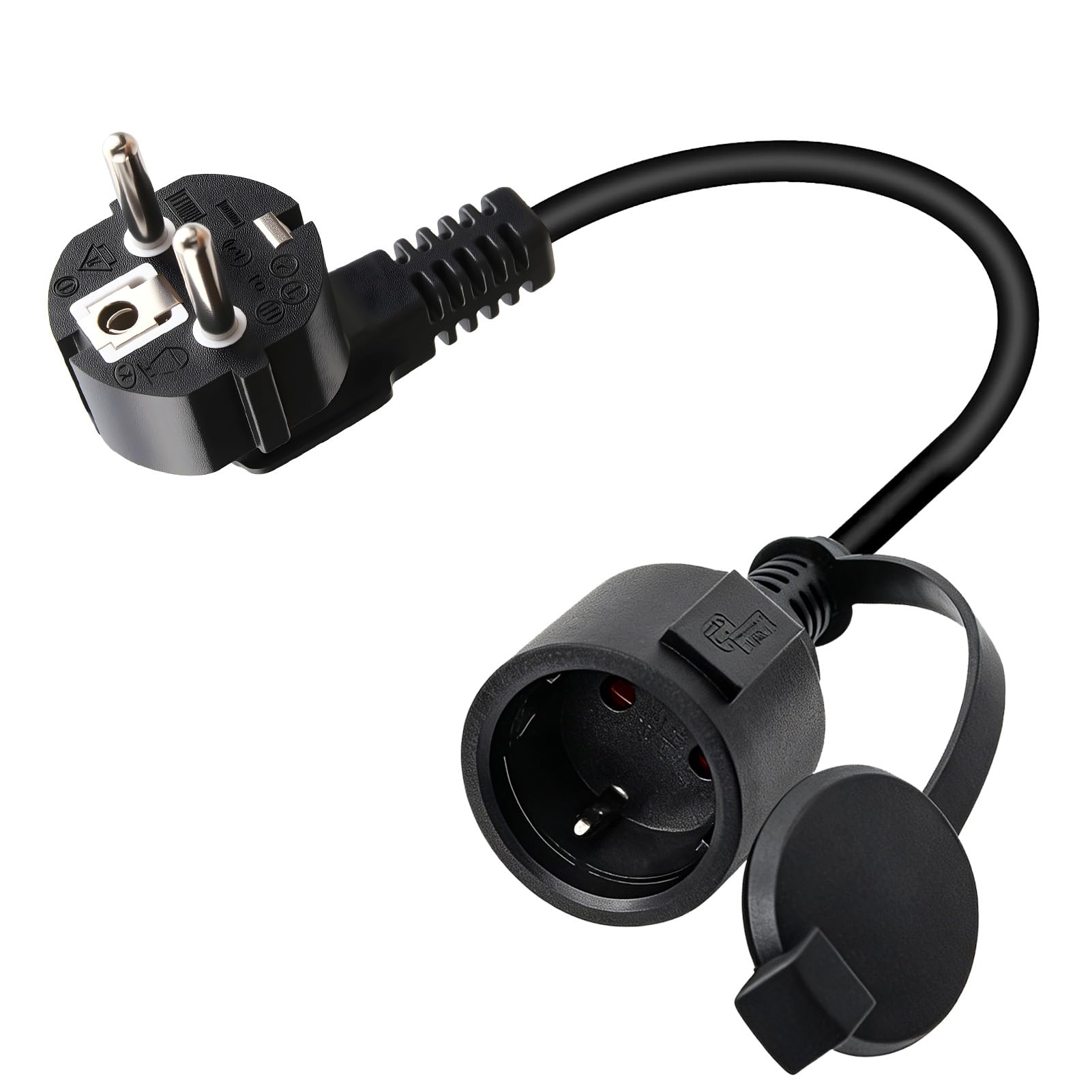 Rallonge Electrique 90 Degrés Extérieur, Coudé à 90° Type F, Indice de Protection IP44, avec Capuchon étanche, Prise Standard européenne adaptée à Une Utilisation intérieure et extérieure, 0.3M, Noir - 2