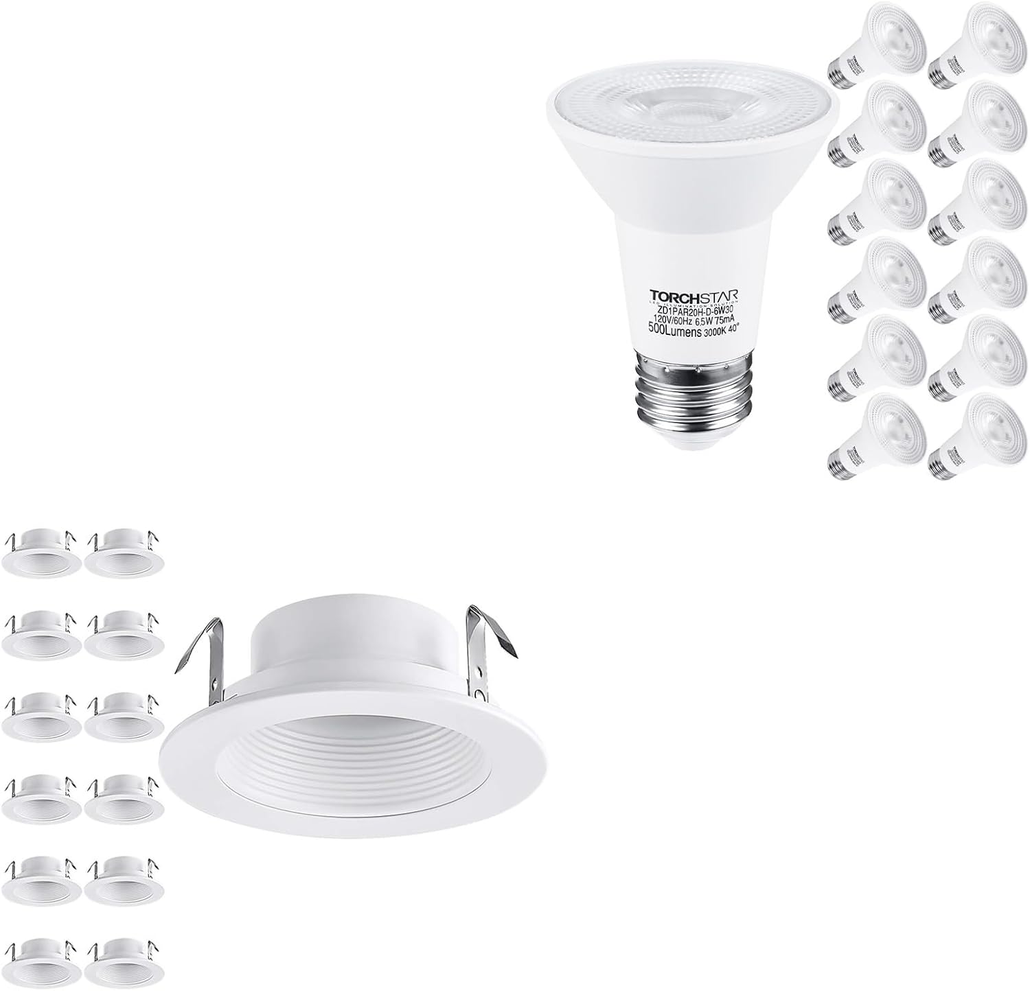 TORCHSTAR 12-Pack 4 Inch Classic White Recessed Can Light Trim, 4 Inch Light Trim for PAR16, PAR20, R20, White Bundle 12-Pack PAR20 LED Bulbs, 3000K Warm White, UL & Energy Star, 6.5W E26 Medium Base