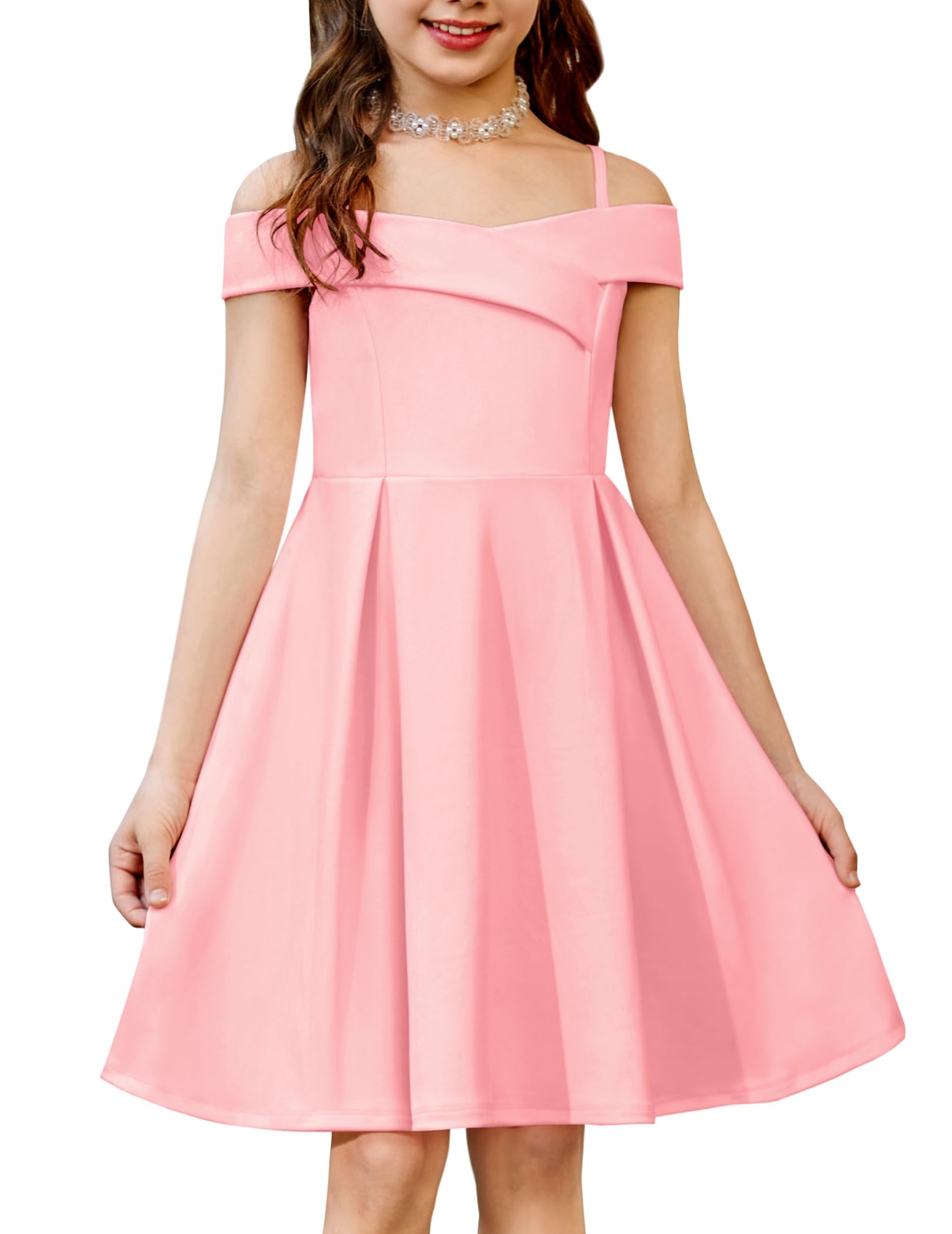 Arshiner Girls Summer Dress Off Shoulder Fold Pleated Formal Elegant A-Line Party Dresses with Pocket — view 14