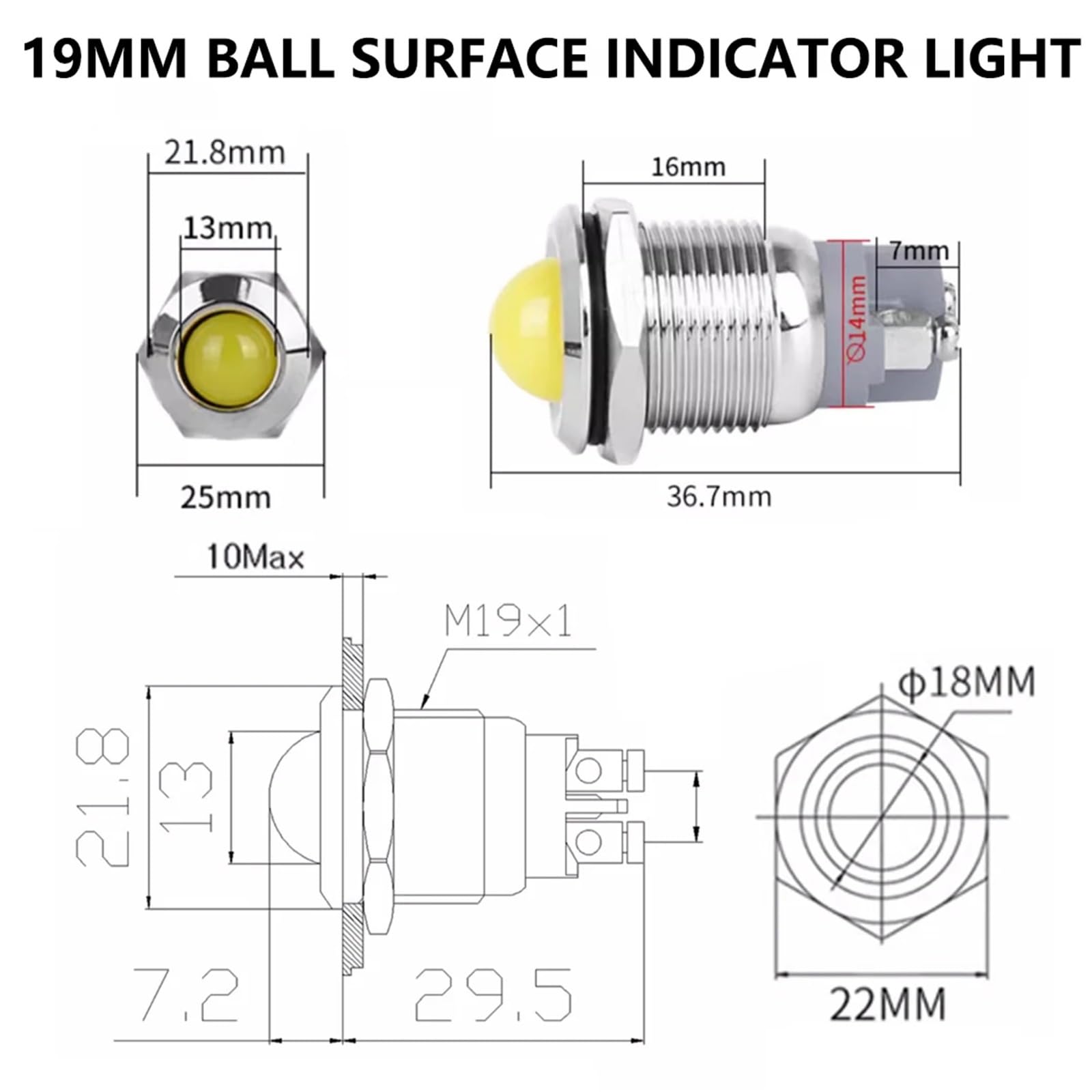 10 pezzi 19 mm LED spia luminosa in metallo AC/DC 3~220 V Mini spia di segnalazione IP65 spia luminosa a LED impermeabile(Ball Red Light,220V)