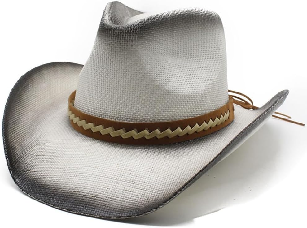 Western Cowboy Hat, Straw Woven, Brown with Braided Band, Wide Brim