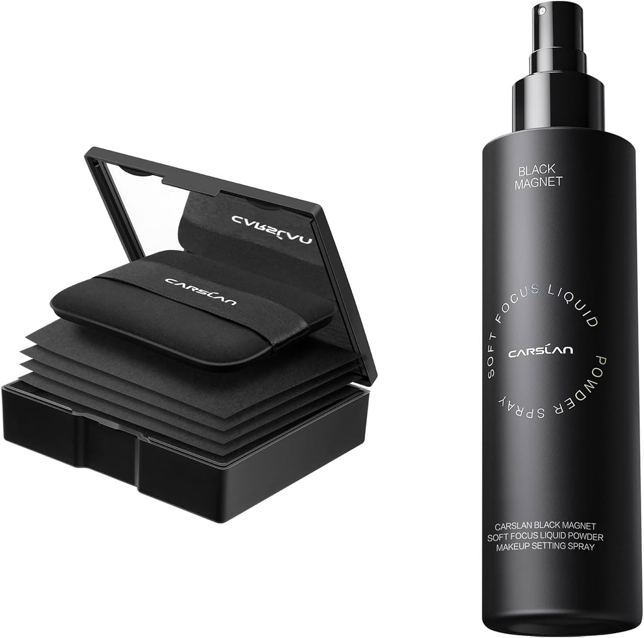 CARSLAN Makeup Blotting Paper with powder, 150 Sheets + 8 Refill Pads Bundle with Black Magnet Liquid Powder Makeup Setting Spray 100ml/3.4 Fl Oz
