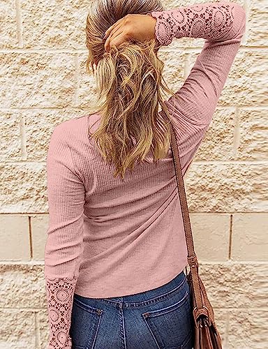 Image of Kancystore Women's Fall Long Sleeve Tops Lace V Neck Button Down Henley Shirts Tunic Blouses