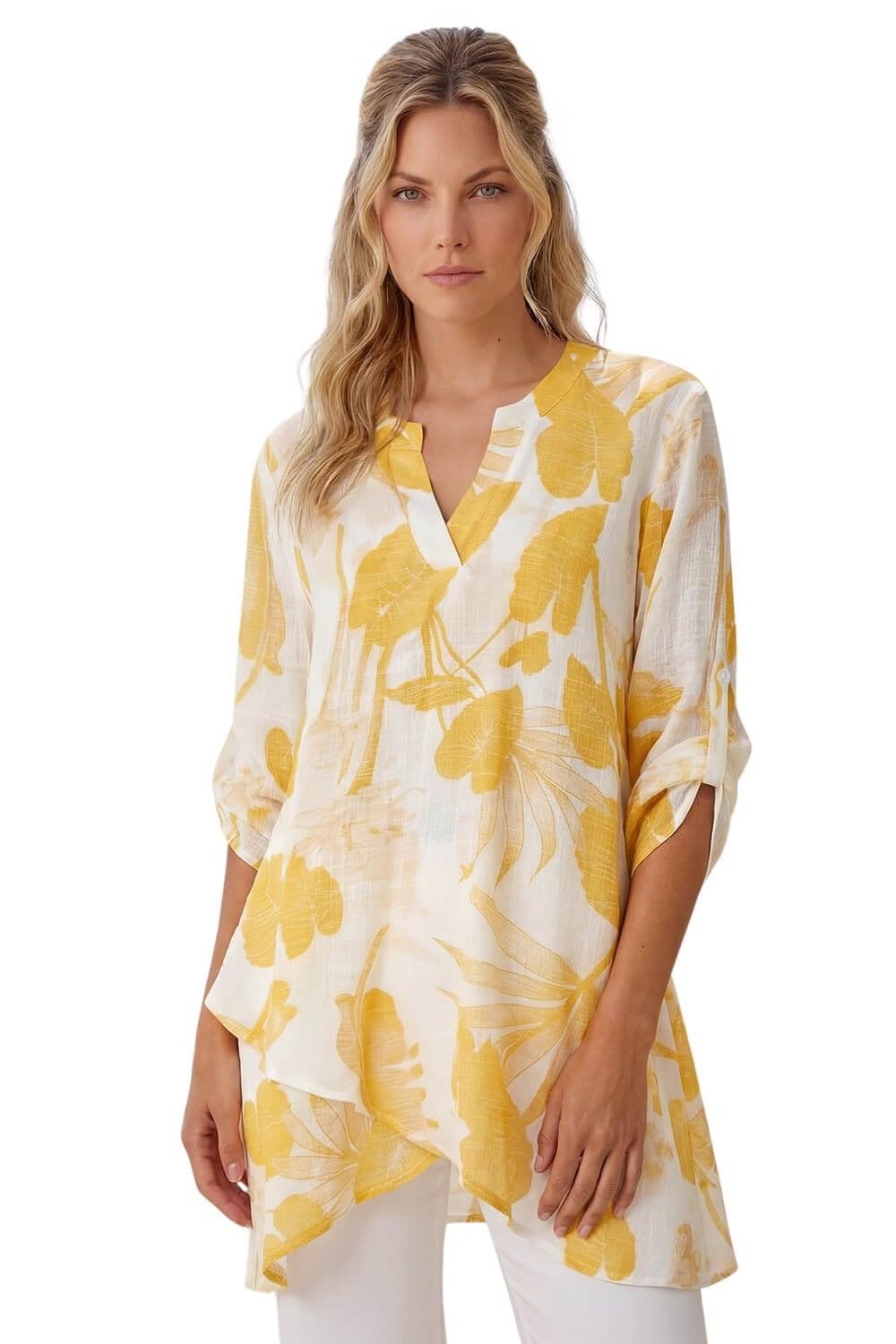 Roman Women's Yellow Palm Print V-Neck Wrap Hem Tunic Top In Size 14
