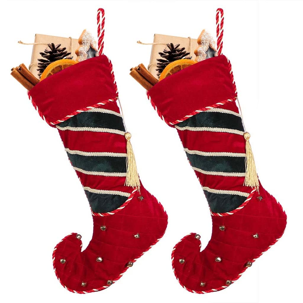 Dibor Set of 2 Deluxe Luxury Red Velvet Jingle Bell Christmas Stockings (BV06)