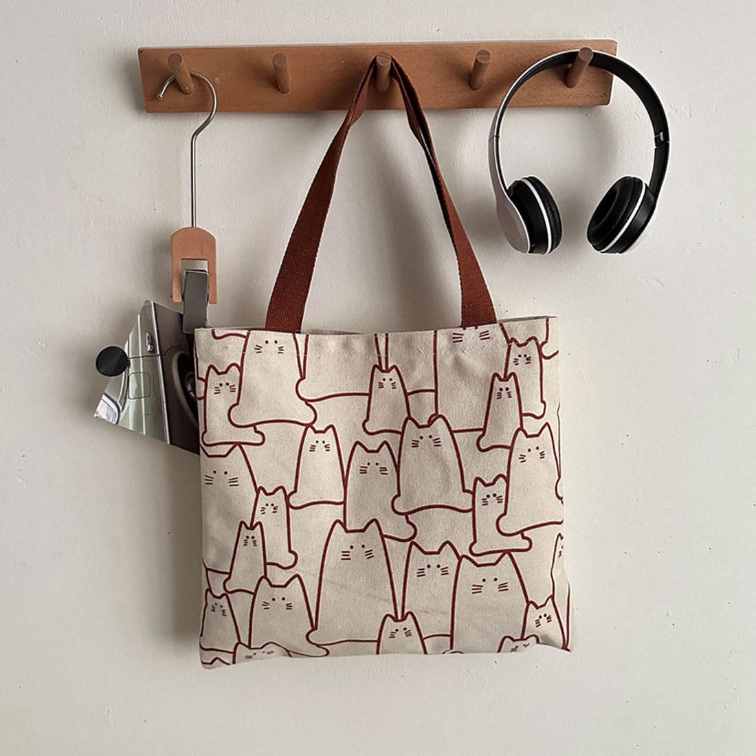 Tote Bag In Tela Con Gatto Nero - Borsa Shopper Riutilizzabile Con Cerniera