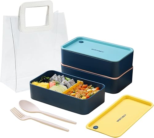 Miniatura 1 de WORTHBUY Bento - Fiambrera con compartimentos, caja Bento apta para microondas con bolsa transparente y utensilios, a prueba de fugas, apilable,