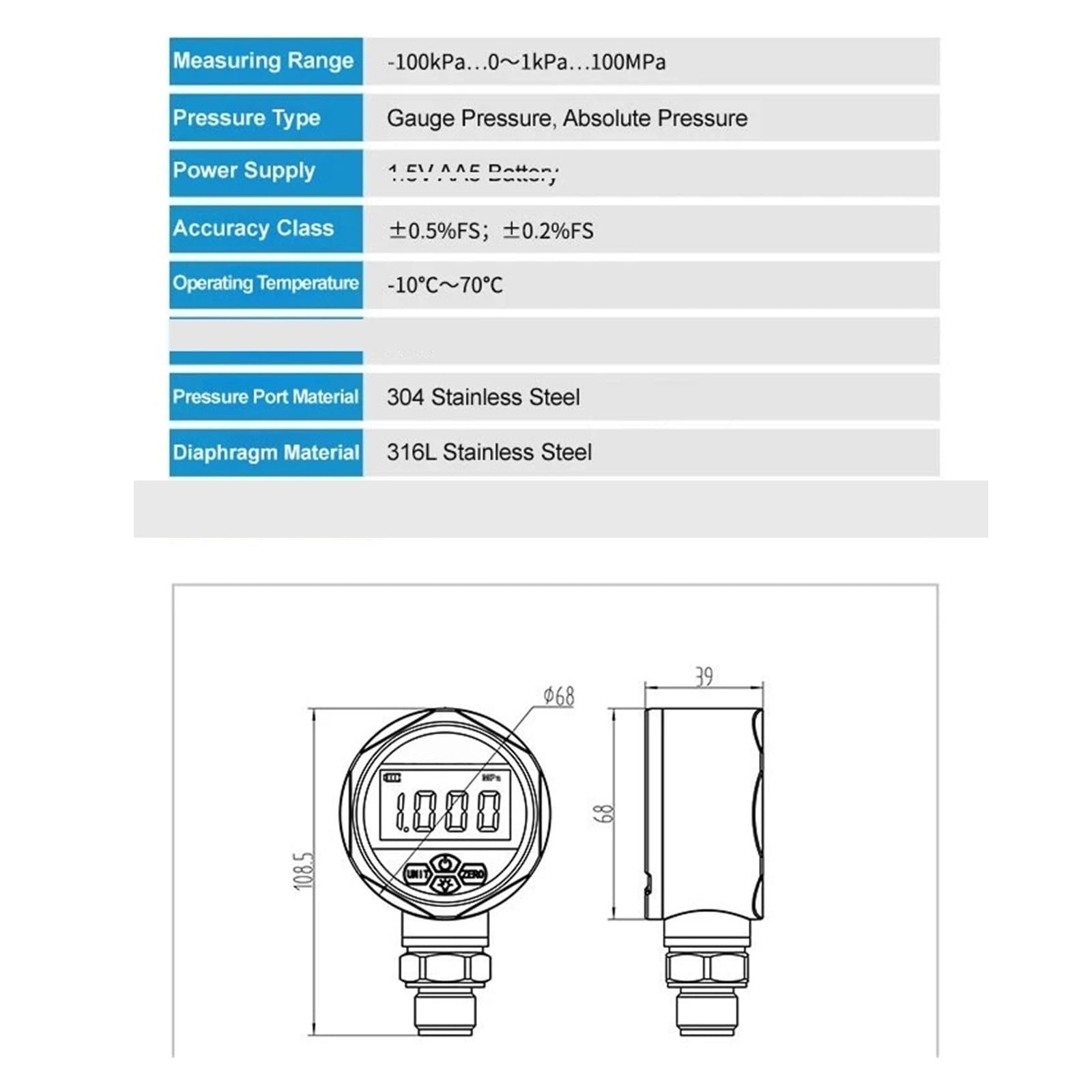 ‌Digitales Manometer aus Edelstahl, YB60A Präzisionsmanometer 60 mm NPT1/2 −100 kPa ~ 100 MPa(0-300kPa)