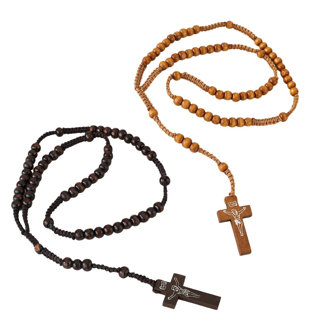 Rosario in legno due pezzi con croce di San Benedetto e perline per cristiani uomo e donna
