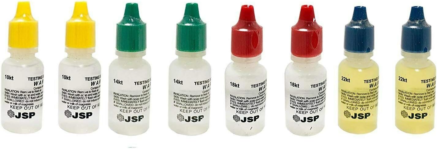 8 PC JSP Gold Testing Acid Solutions 10K 14K 18K 22K - 2 Bottles Each