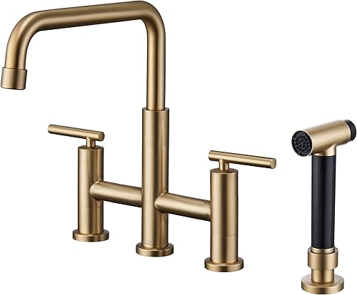 Grifo de cocina dorado cepillado con rociador lateral, grifo de 2 manijas para fregadero de cocina, grifo de fregadero de cocina de 4 agujeros con disponible en Yaxa Costa Rica