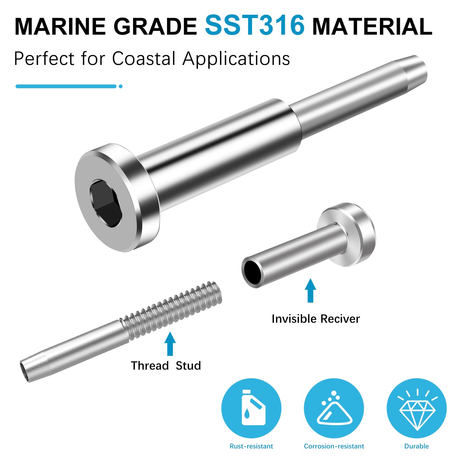 Kit per ringhiere invisibili, confezione da 20 tenditori a pressare SST316 e terminale nascosto per ringhiere cavi, hardware per ringhiere per cavi da 1/8", con perno filettato di ricambio per