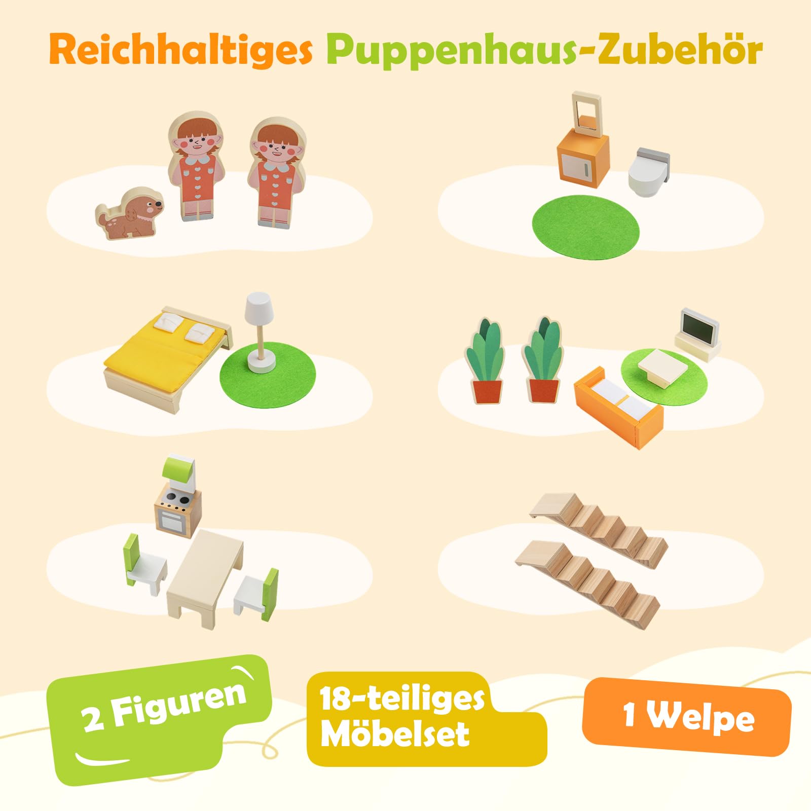 DREAMADE Puppenhaus aus Holz, Traumhaus mit 2 Figuren & 18 Möbelzubehörteilen, Dollhouse mit robuster Struktur & 7 Zimmern, Puppenvilla für Jungen & Mädchen ab 3 Jahren