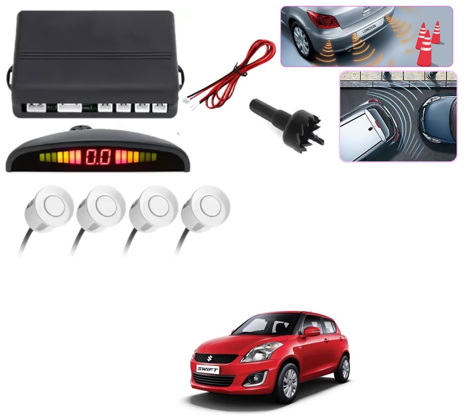 Auto Addict Car Reverse Parking Sensor with LED Display 4 Sensor Reverse Parking Auto Radar Detectors (White) for Maruti Suzuki Swift Type-2 (2011-2017)-picture-37