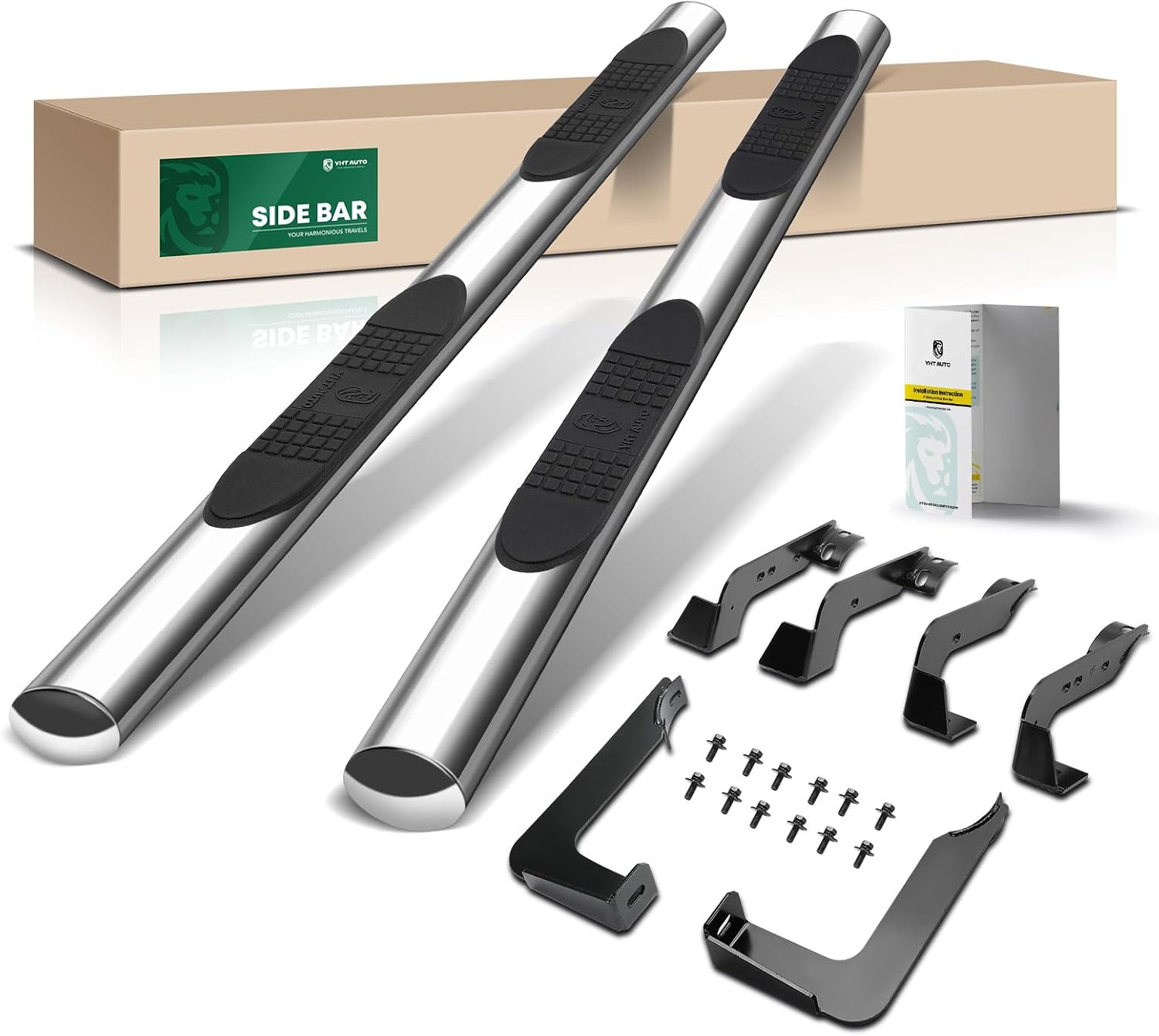 YHTAUTO 4 Inch Running Boards Side Steps Fit 2000-2020 Chevy & GMC Avalanche 1500, Suburban 1500, Yukon XL 1500, Crew Cab/SUV, Oval Straight Stainless Steel Polished Chrome, Cab Side Step Rails