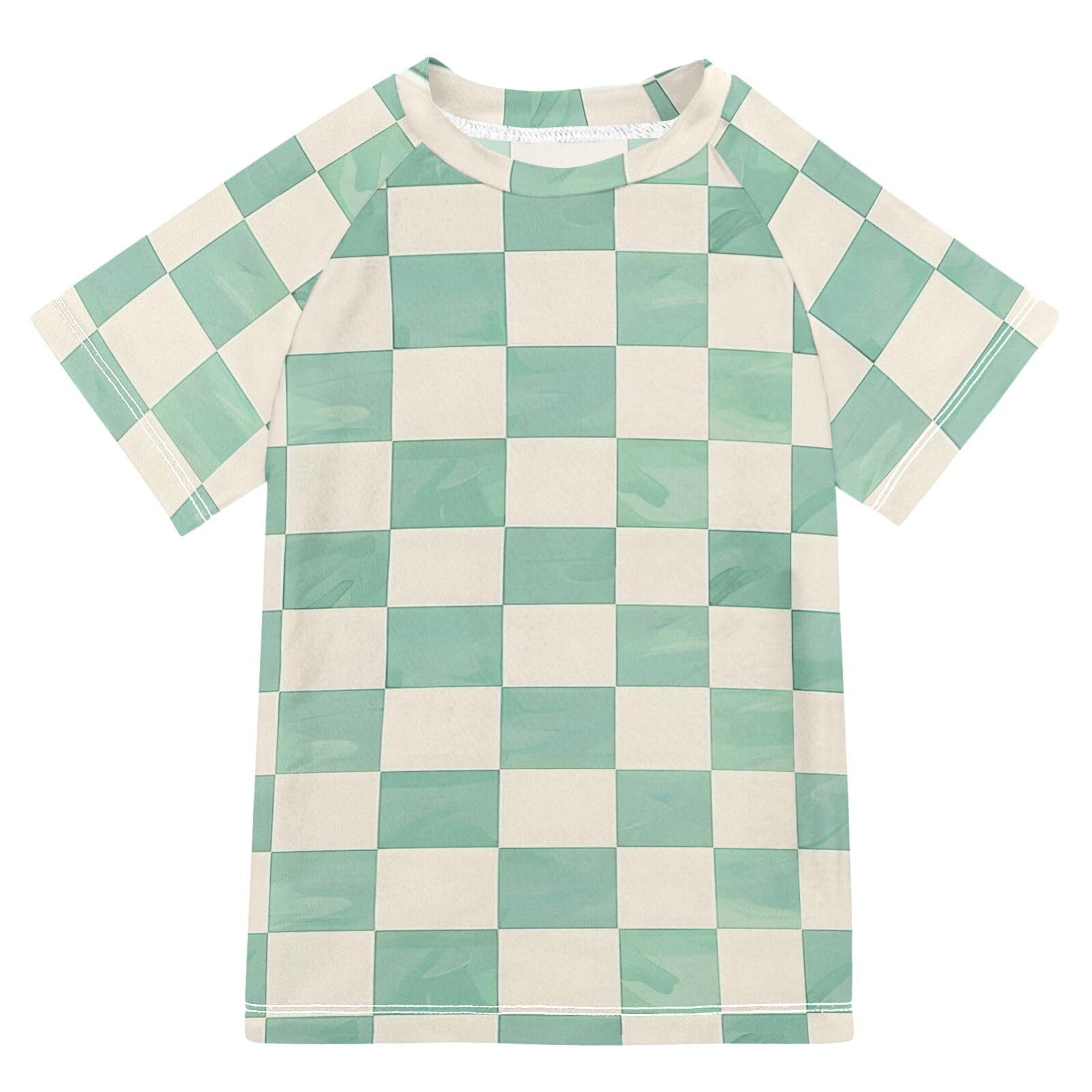 ALAZA Boys Rash Guard Swimming Shirt for Boys Short Sleeve Mint Cream Checked UPF 50+ 5-6T