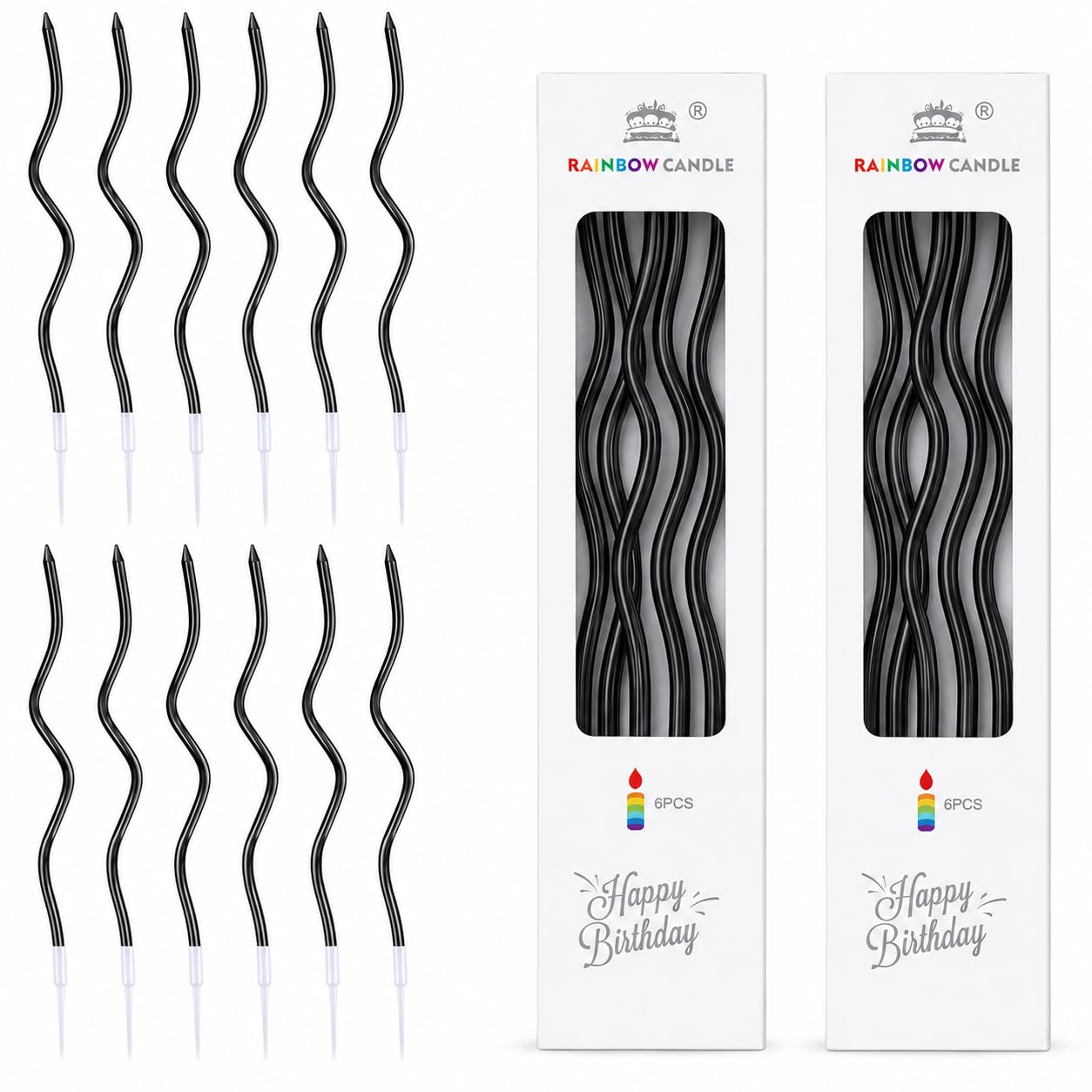 12-Pack Black Spiral Birthday Candles with Holders, Metallic
