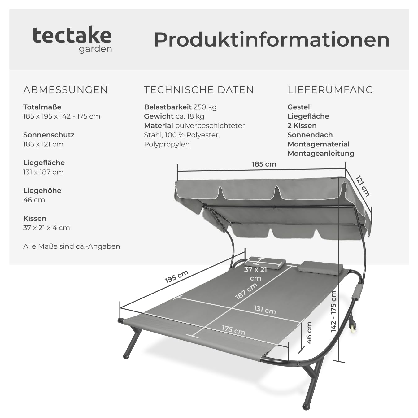 tectake Sonnenliege, Doppelliege, Outdoor Liege für 2 Personen, Gartenliege mit Sonnendach, Relaxliege, Sonnenliege mit Dach, inkl. 2 Kissen, ideal für Garten oder Balkon - schwarz/grau
