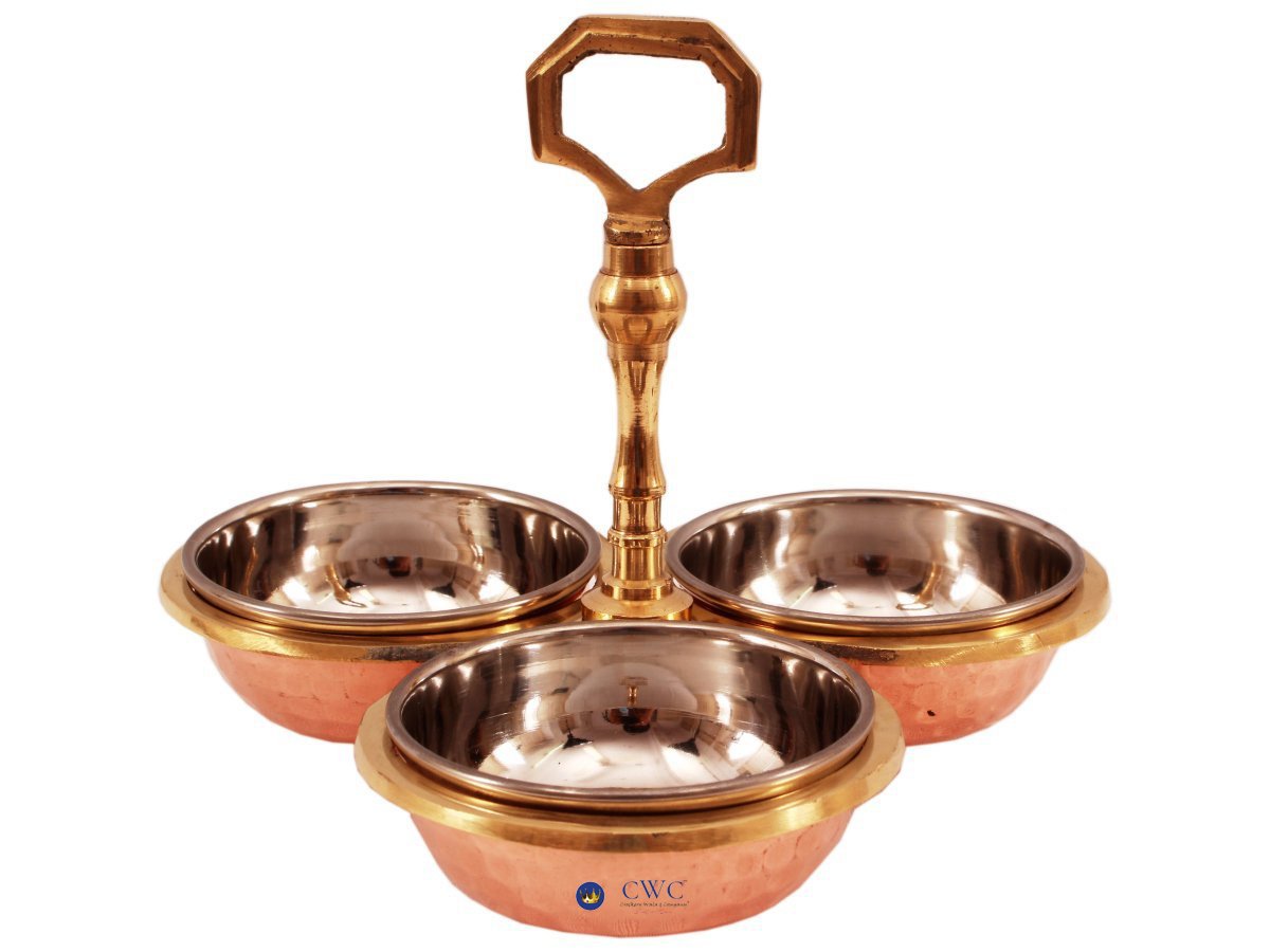 CwC Steel Copper Pickle Bowl Set with Handle, Tableware, 250 ML Each, Pack of 3