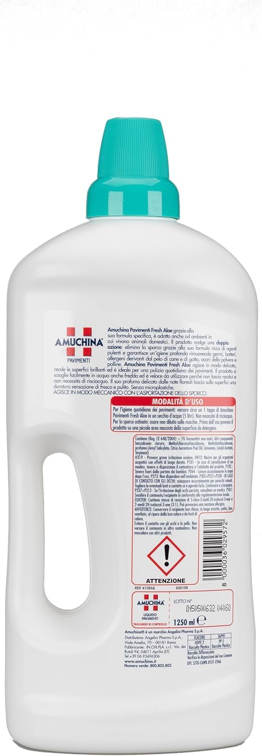Detergente Igienizzante Pavimenti Senza Risciacquo – Fragranza Aloe – Per Ambienti con Animali Domestici – 12 Flaconi da 1,25L – Totale 15 Litri
