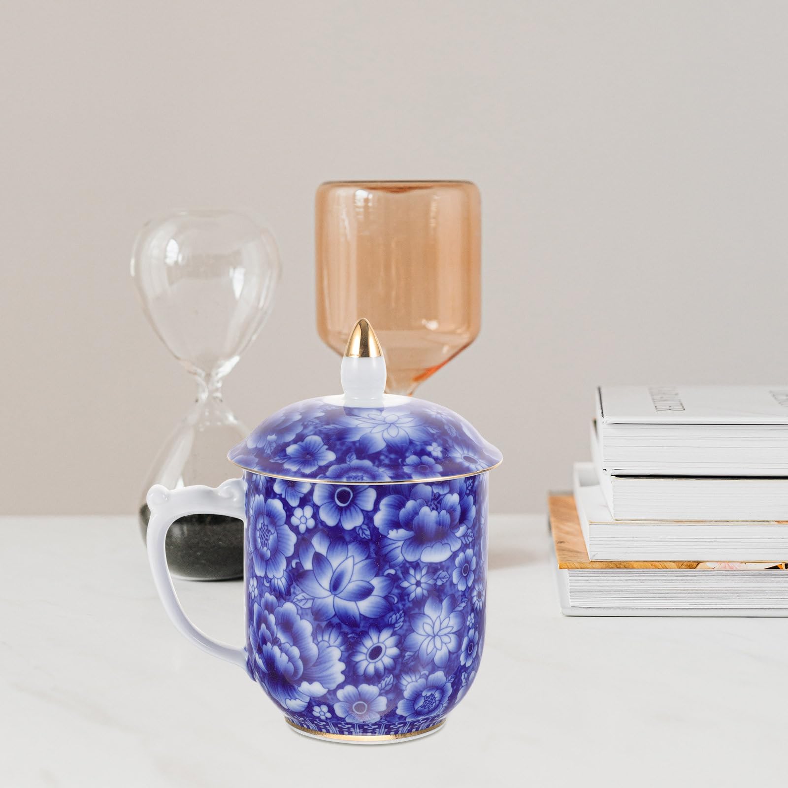 Mipcase Elegante Teetasse mit Deckel und Sieb aus Blauer Keramik für Losen Tee Vintage Stil mit Filigranen Details für Büro und Tee Liebhaber