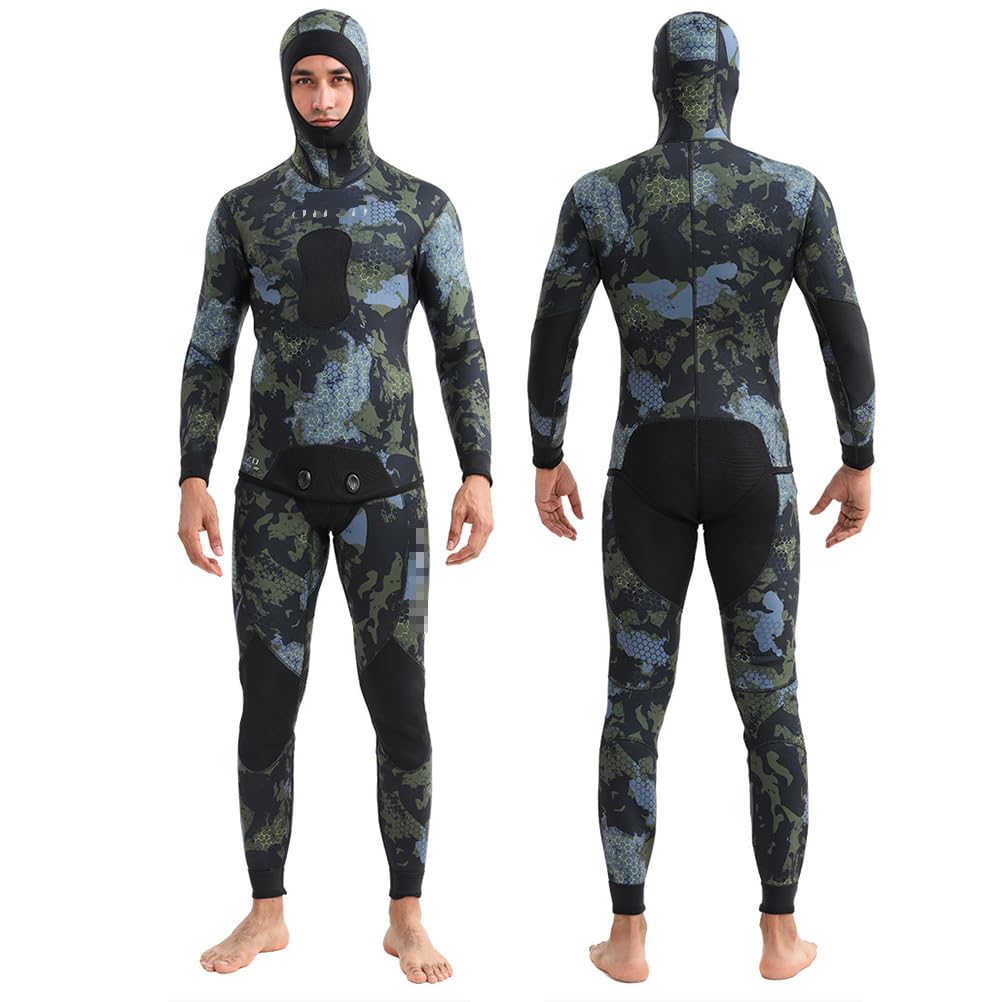 Muta da Uomo a Maniche Lunghe, 2 Pezzi in Neoprene 3mm Muta Mimetica con Cappuccio Integrato per Pesca Sub in Apnea, Snorkeling, Surf, Immersioni Subacquee - Giacca e Pantalone Completi