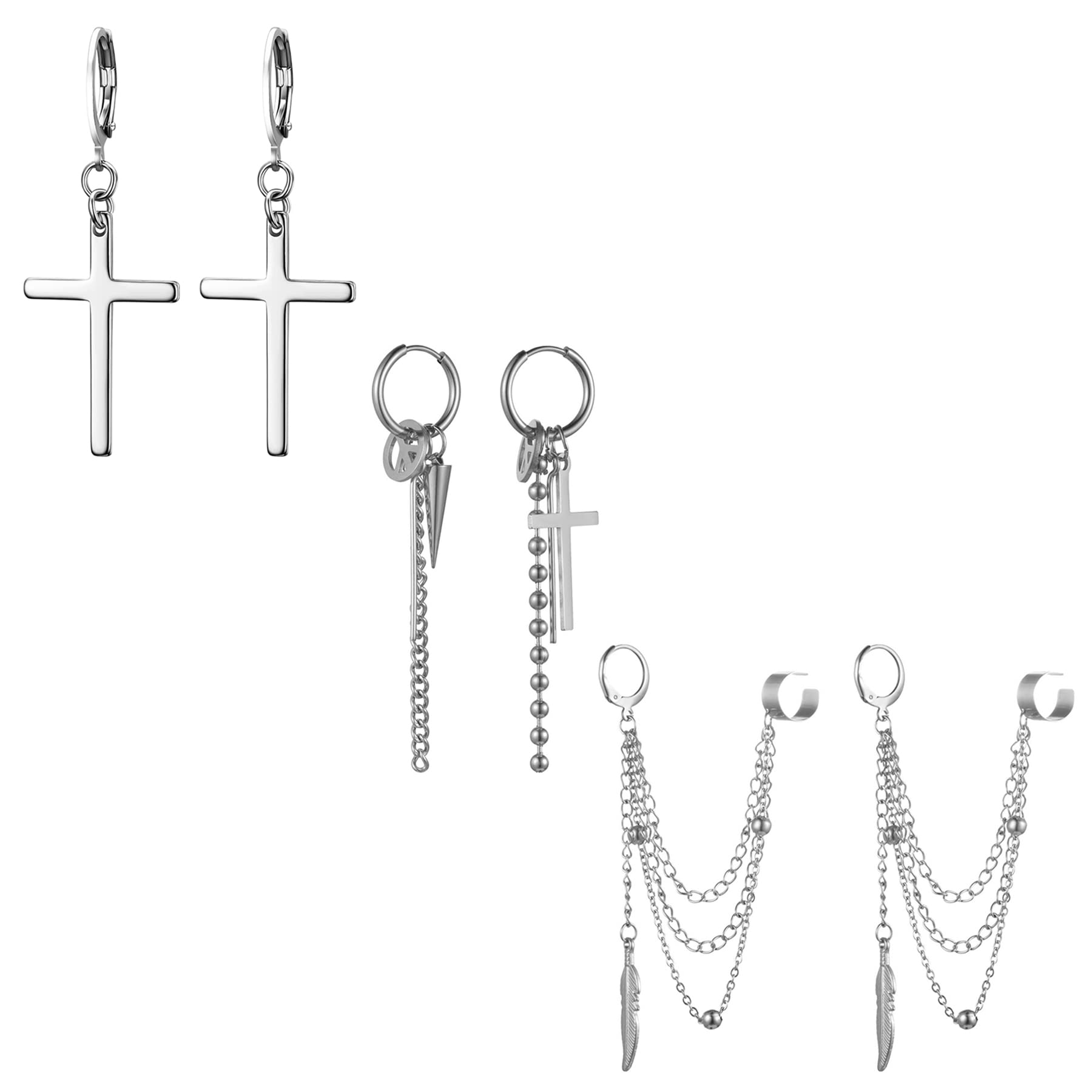 Cupimatch Pendientes Mujer Hip Hop Hombres con Colgantes de Plumas Borla Cruzada Círculo de Acero Inoxidable Piezas Pequeñas, Color Plata Oro Negro(3 Pares)
