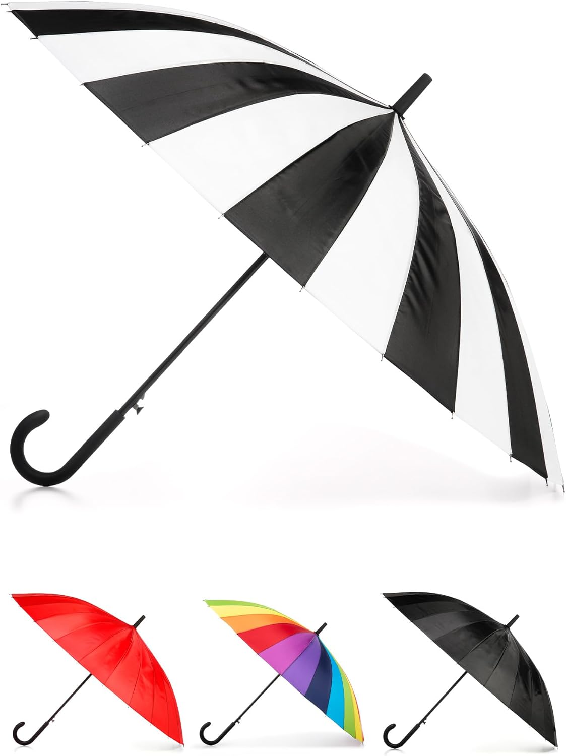 totes Large Eco Auto-Open 24 Rib Stick Umbrella with a Classic J Hook Curved Handle and water repellant