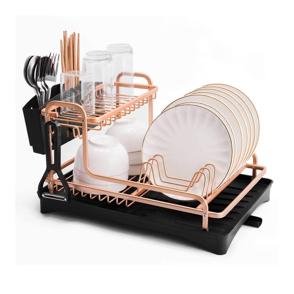 Escurridor de platos, soporte de fregadero de aleación de aluminio de doble capa, escurridor organizador, soporte para platos y estante de almacenamiento de cubiertos para