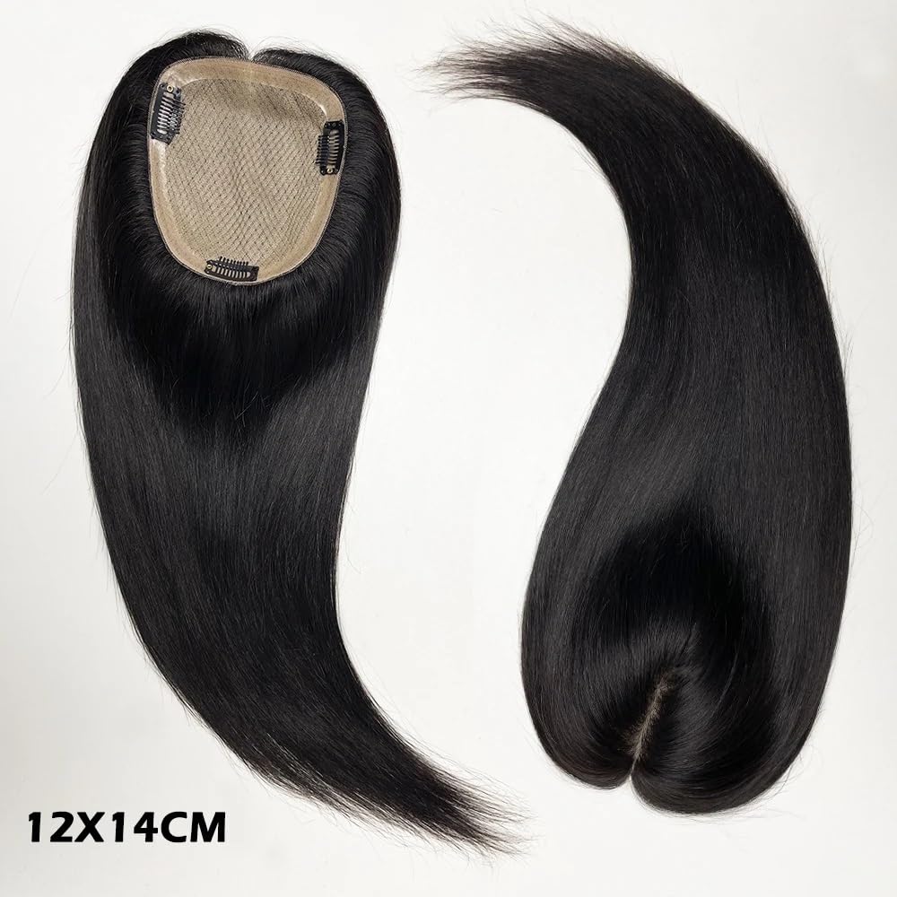 Parrucchino for capelli umani con base in seta da 12x14 cm for donne con capelli diradati con 3 clip, posticci da 8-20 pollici, densità 130 Extension per Capelli(Medium Brown,18inch)