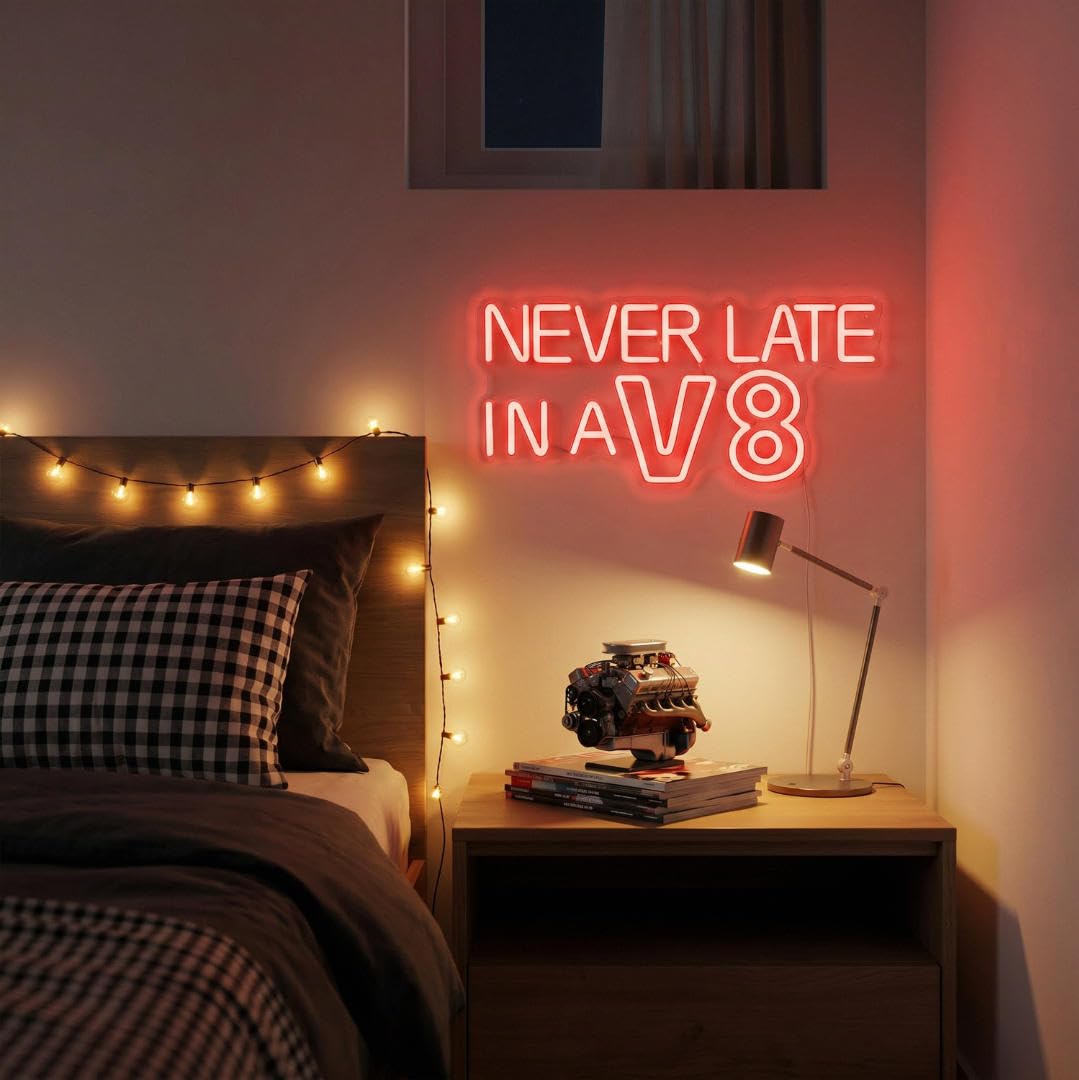 Letrero de neón Never Late in a V8, luz de neón para decoración de garaje, letrero de neón LED de cueva de hombre, luz de pared de garaje mecánico, letrero de neón regulable alimentado por USB para