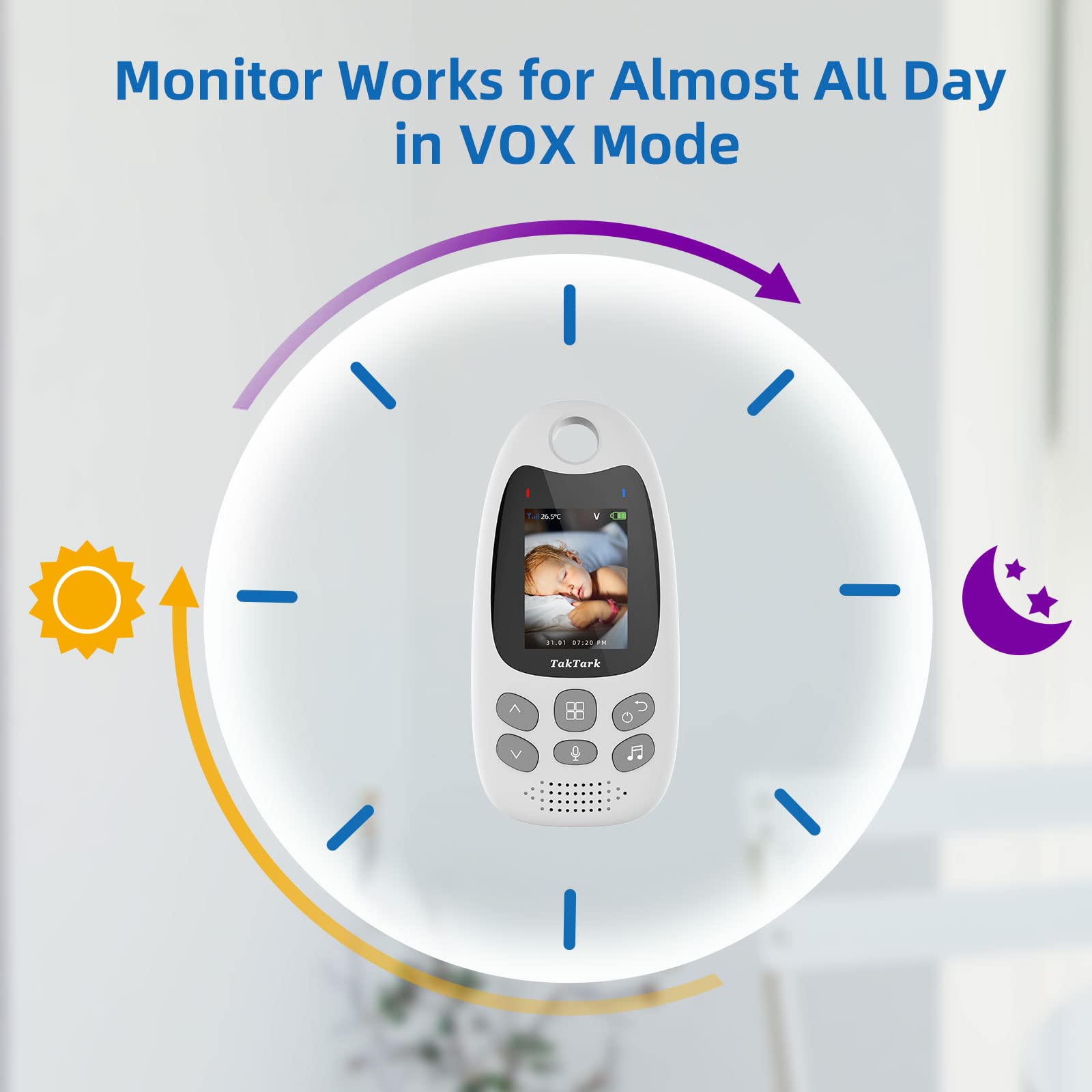 TakTark Babyphone mit Kamera, Babyfon mit Kamera 2'' Video Baby Monitor, Kamera und Audio Babyphone mit VOX Funktion, Gegensprechfunktion, Nachtsicht, Temperaturüberwachung