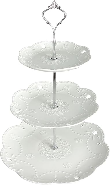 YBK Tech 3 Tier Porcelain Serving Platter Cake Plate Stand Dessert Display Cakes Platter Food Rack - White (Silver Rod) 