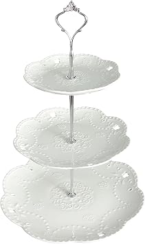 YBK Tech 3-Tier Porcelain Serving Stand, Cake Stand with Embossed Lace Pattern - White, Silver rod