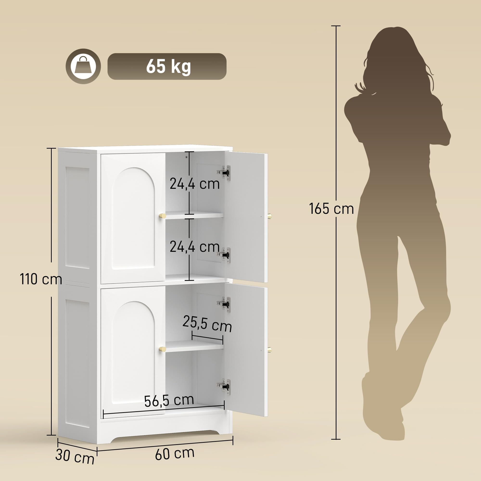 HOMCOM Küchenschrank, Hochschrank mit 2 verstellbaren Regalböden, Küchenbuffet Buffetschrank mit 4 gewölbten Türen, für Wohnzimmer, Weiß, 60 x 30 x 110 cm