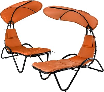 2X Hanging Chaise Outdoor Lounge Chair Hammock with Sun Shade Canopy, Wide Umbrella, Cushion, Stand for Backyard, Poolside Orange
